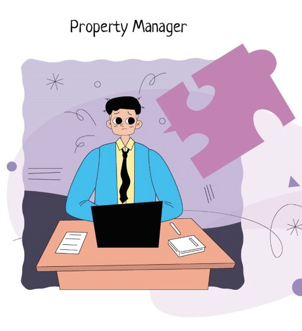 Residential Property Manager with blue vest typing on computer. 