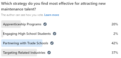 Which strategy do you find most effective for attracting new maintenance talent?If none of the options provided reflect your preferred strategy, please share your insights in the comments below.