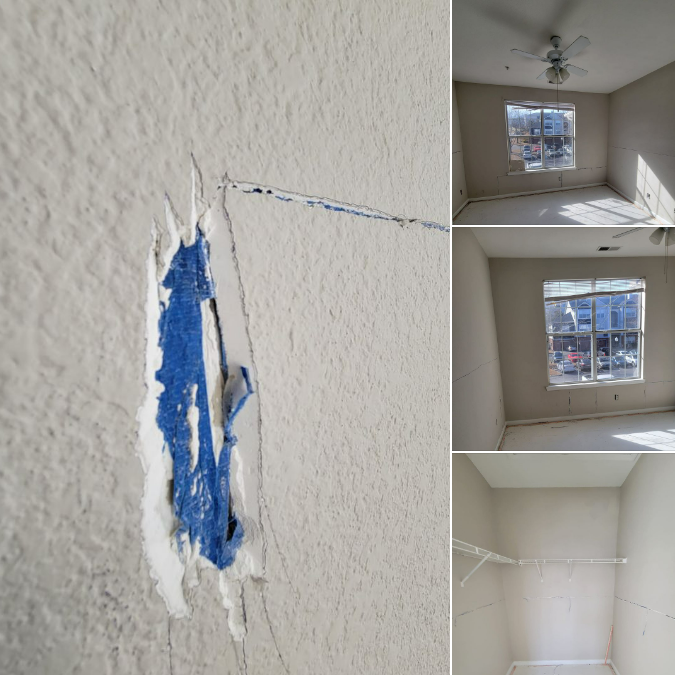 Someone tried to tape all of the drywall seams with blue painters tape. Probably the most expensive corner I've ever seen someone cut