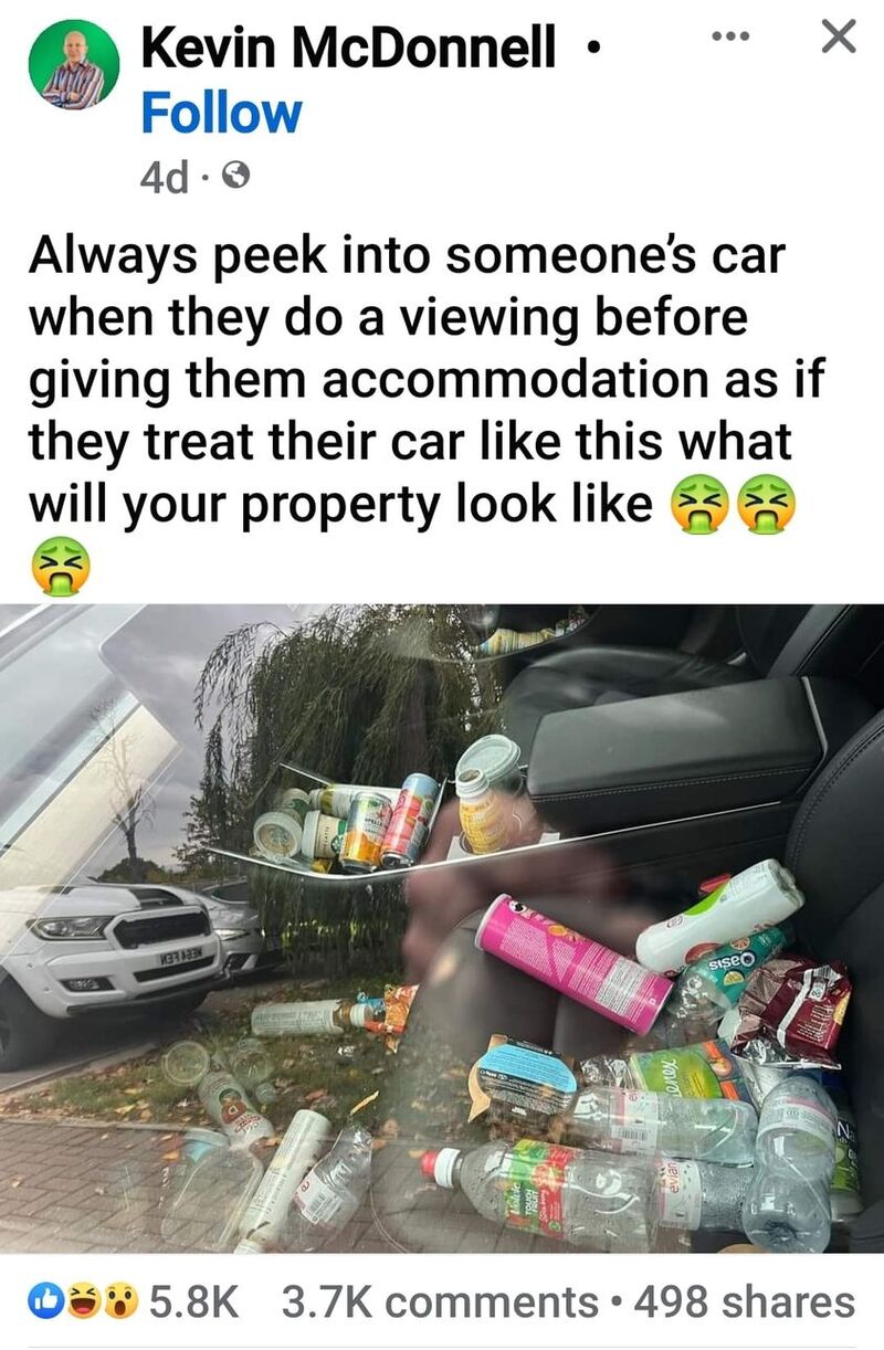 Interesting. What do y'all think? "We can't rent to you because you have a messy car" seems like a bad idea.